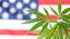Cannabis plant leaves against American flag background symbolizing cannabis policy debate