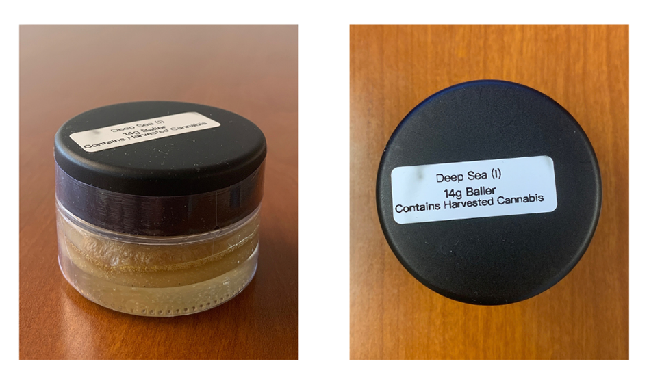 The photos above show medical cannabis concentrate of the strain “Deep Sea” as sold and packaged by Ganja World in 14-gram baller jars.