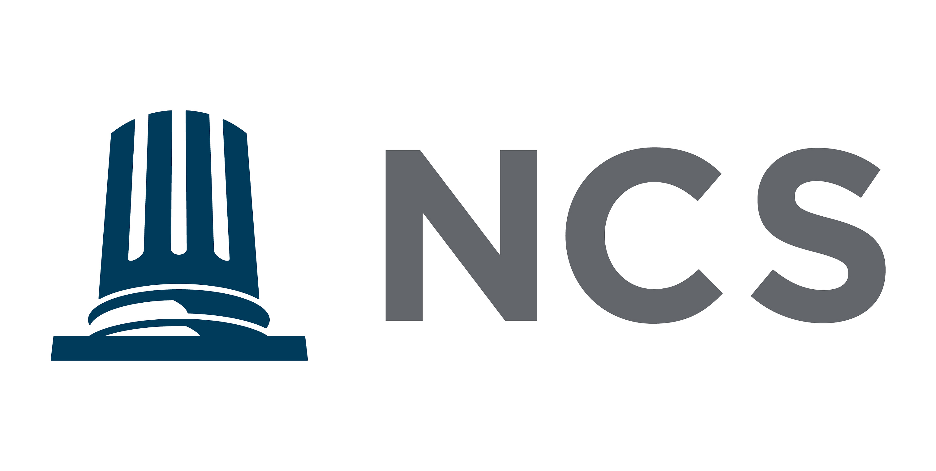 NCS logo featuring a stylized dark teal building icon with gray sans-serif text