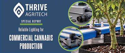 Thrive AgriTech logo with geometric diamond symbol and special report on reliable lighting for commercial cannabis production