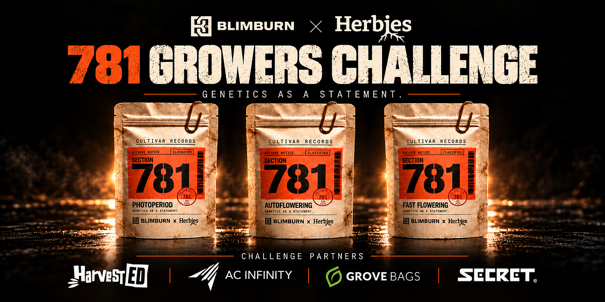 781 Growers Challenge promotional poster featuring three seed packets and partner brand logos on dark background with golden lighting effects