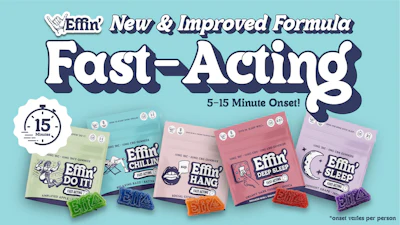 Effin' fast-acting formula product lineup featuring five flavored packets with 5-15 minute onset time on light blue background