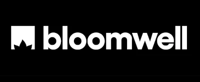 Bloomwell logo with mountain peak icon and white text on black background