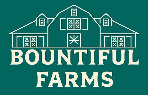 Bountiful Farms logo featuring a symmetrical barn illustration with teal background and cream text