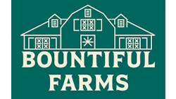 Bountiful Farms logo featuring a symmetrical barn illustration with teal background and cream text