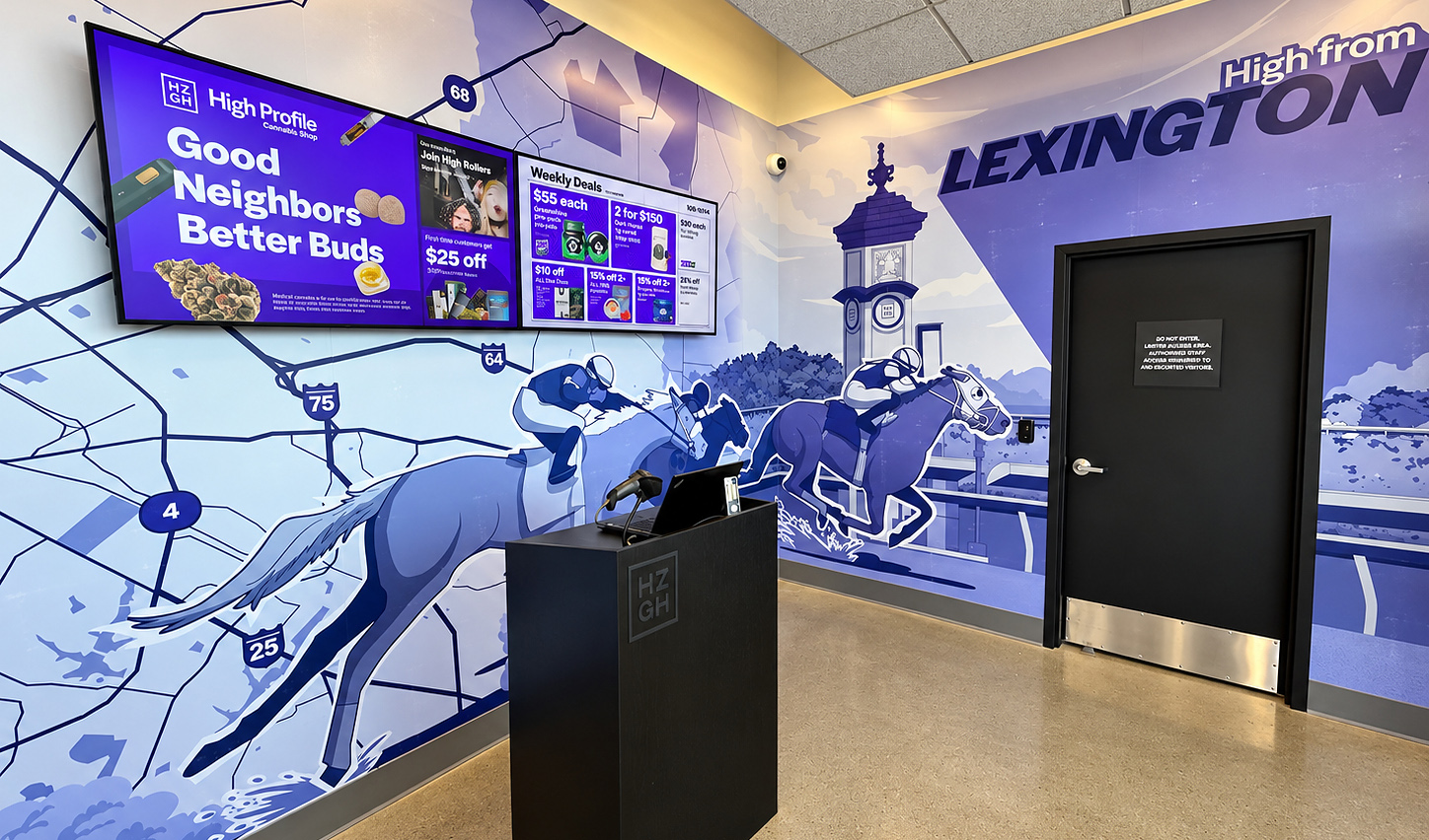High Profile Cannabis retail storefront interior with blue-themed Lexington mural, digital menu board, and service counter