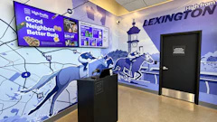 High Profile Cannabis retail storefront interior with blue-themed Lexington mural, digital menu board, and service counter