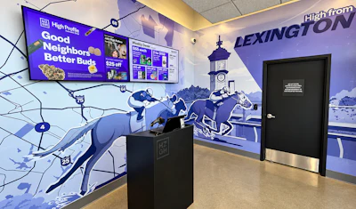 High Profile Cannabis retail storefront interior with blue-themed Lexington mural, digital menu board, and service counter