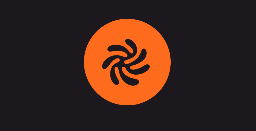 Orange circular logo with black pinwheel or spiral symbol design
