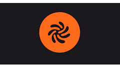 Orange circular logo with black pinwheel or spiral symbol design