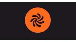 Orange circular logo with black pinwheel or spiral symbol design