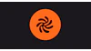Orange circular logo with black pinwheel or spiral symbol design