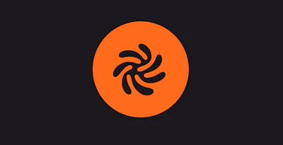 Orange circular logo with black pinwheel or spiral symbol design