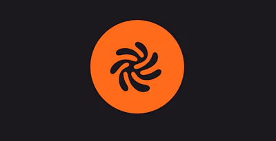 Orange circular logo with black pinwheel or spiral symbol design