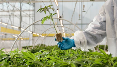 Scientist in protective gear examining a tomato seedling in a modern greenhouse facility