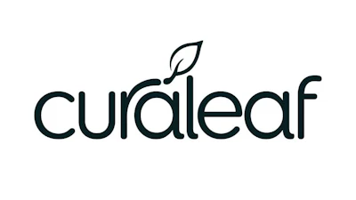 Curaleaf logo featuring stylized leaf icon and text wordmark in dark teal