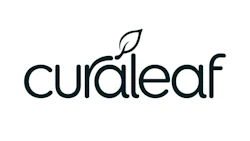 Curaleaf logo featuring dark teal wordmark with integrated leaf icon
