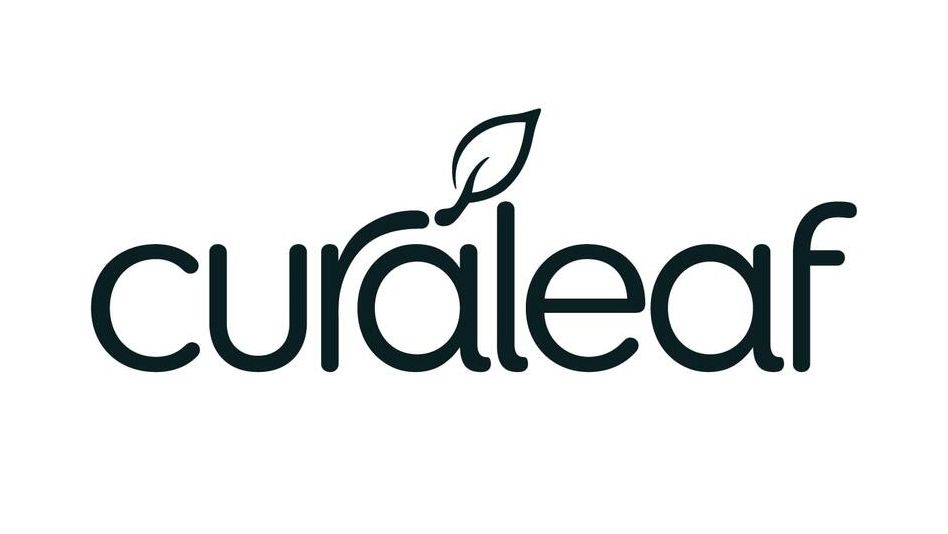 Curaleaf logo with stylized leaf icon and dark blue wordmark