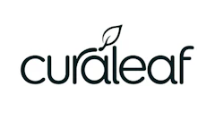 Curaleaf logo with stylized leaf icon and dark blue wordmark