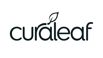 Curaleaf logo with stylized leaf icon and dark teal wordmark
