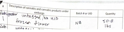 Handwritten cannabis product inventory form with entries for frozen flower, batch numbers, and quantities in pounds