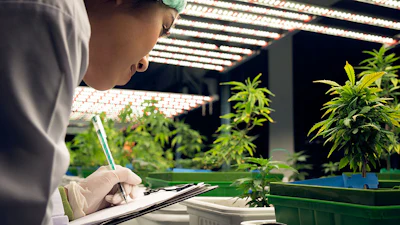 Researcher in protective gear documenting plant growth under LED lights in indoor vertical farm facility