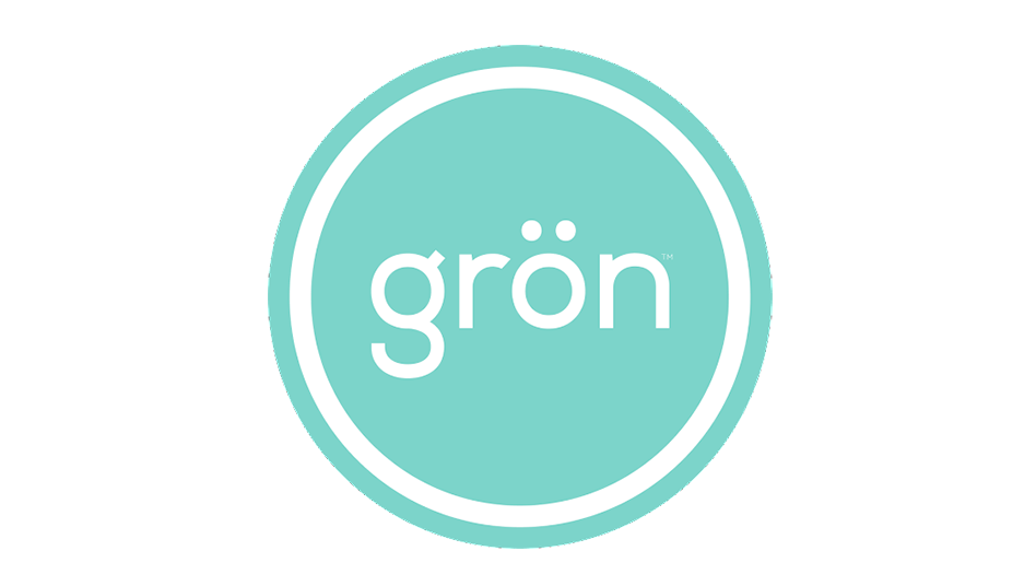Grön logo featuring turquoise circular badge with white text and concentric ring design