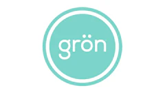 Grön logo featuring turquoise circular badge with white text and concentric ring design