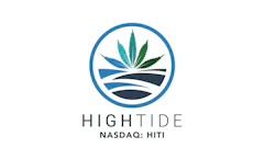 High Tide NASDAQ HITI logo featuring cannabis leaf and landscape design in blue circular badge