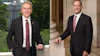 Two professional headshots of men in dark suits with burgundy ties in formal indoor and outdoor settings