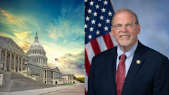 U.S. Capitol Building at sunset alongside professional portrait of man in business attire with American flag background