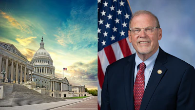U.S. Capitol Building at sunset alongside professional portrait of man in business attire with American flag background