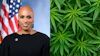 Professional headshot of woman with American flag backdrop alongside cannabis plant leaves