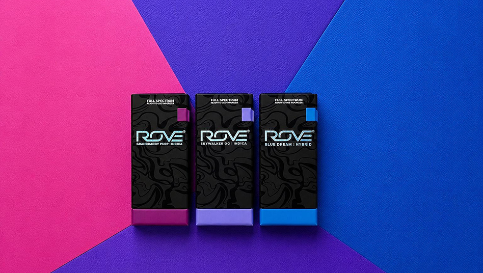 Three ROVE product boxes in pink, purple, and blue displayed against gradient background
