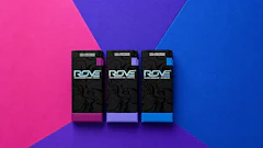 Three ROVE product boxes in pink, purple, and blue displayed against gradient background