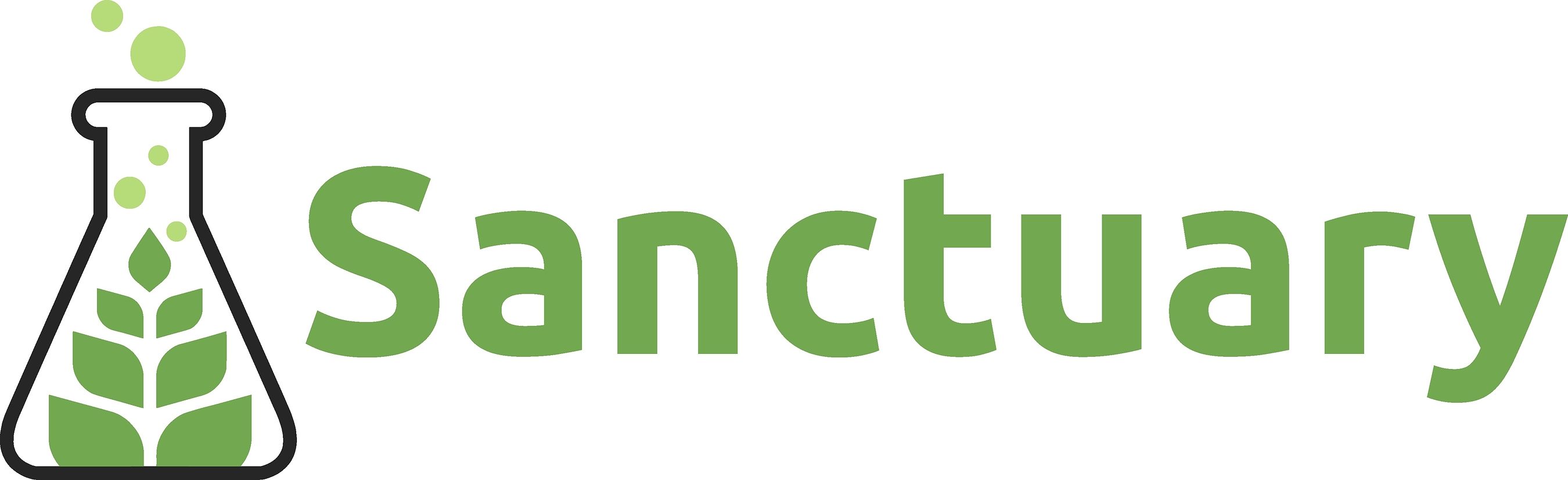 Sanctuary logo featuring a laboratory flask with green plant leaves and text wordmark