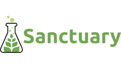 Sanctuary logo featuring a laboratory flask with green plant leaves and text wordmark