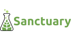 Sanctuary logo featuring a laboratory flask with green plant leaves and text wordmark