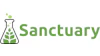 Sanctuary logo featuring a laboratory flask with green plant leaves and text wordmark