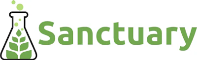 Sanctuary logo featuring a laboratory flask with green plant leaves and text wordmark