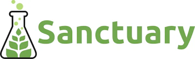 Sanctuary logo featuring a laboratory flask with green plant leaves and text wordmark