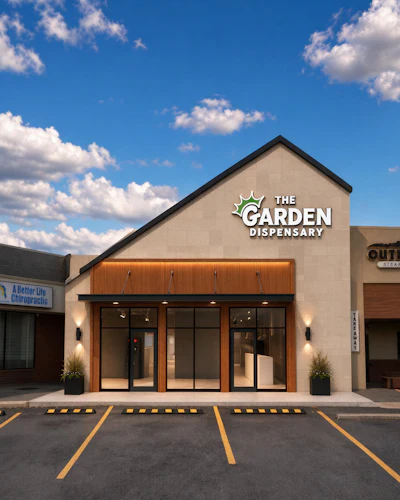 The Garden Dispensary storefront with modern tan facade, wooden accent awning, and glass doors in a retail plaza