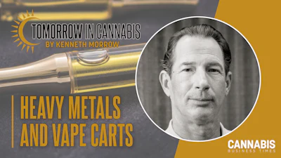 Article header for 'Tomorrow in Cannabis' by Kenneth Morrow discussing heavy metals and vape carts, featuring author portrait