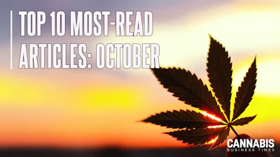 Cannabis leaf silhouette against sunset sky with 'Top 10 Most-Read Articles: October' headline and Cannabis Business Times branding